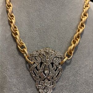 Elegant Gold tone brass chain and repurposed vintage art deco pendant Necklace